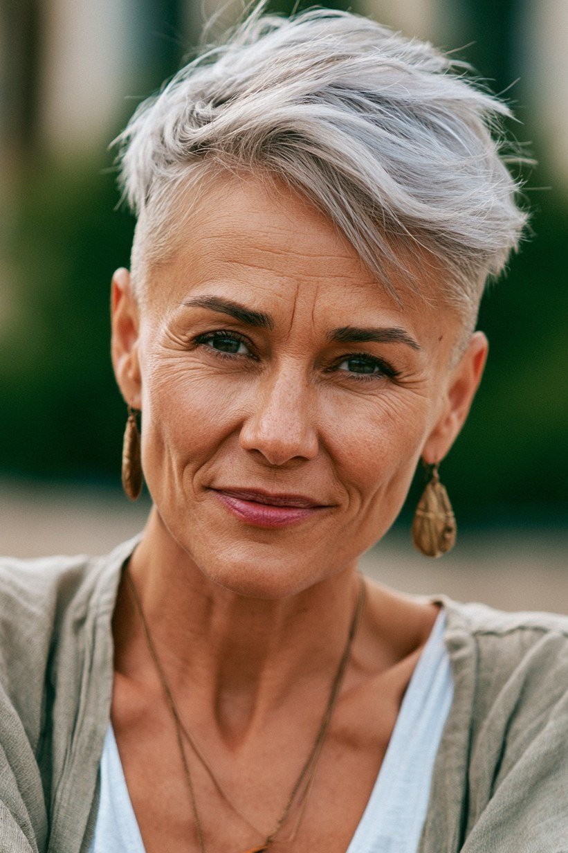 Silver pixie haircut with soft bangs and copper earrings for older women
