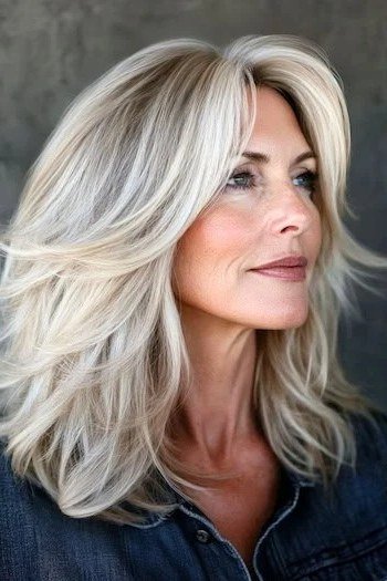 Long platinum-blonde feathered layers for women over 50