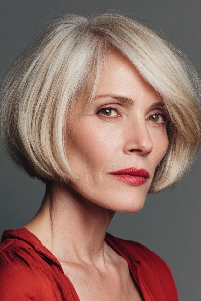 silver layered bob, side view — chin-length layered bob hairstyle for women over 50