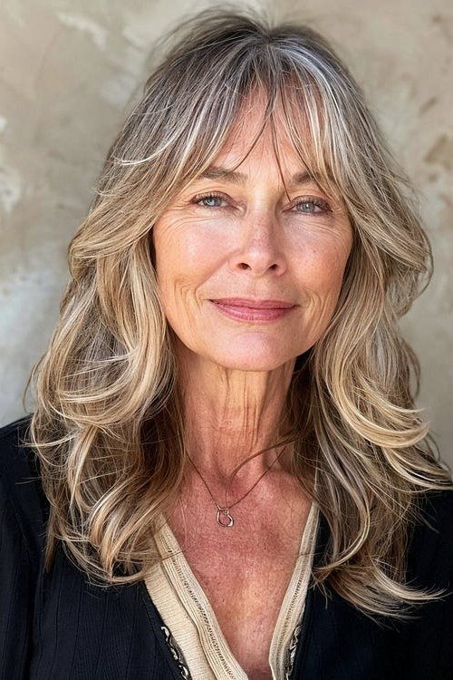 Blonde-Highlighted Layered Butterfly Cut - butterfly cut hairstyle for women over 60