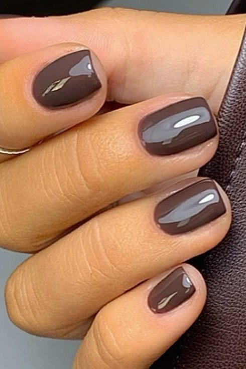 Taupe Brown Gloss - short nail design for women over 60 that makes nails look longer