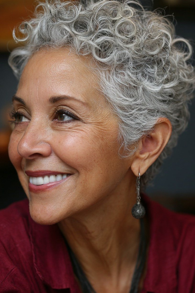 Silver ringlet curly lob on smiling older woman