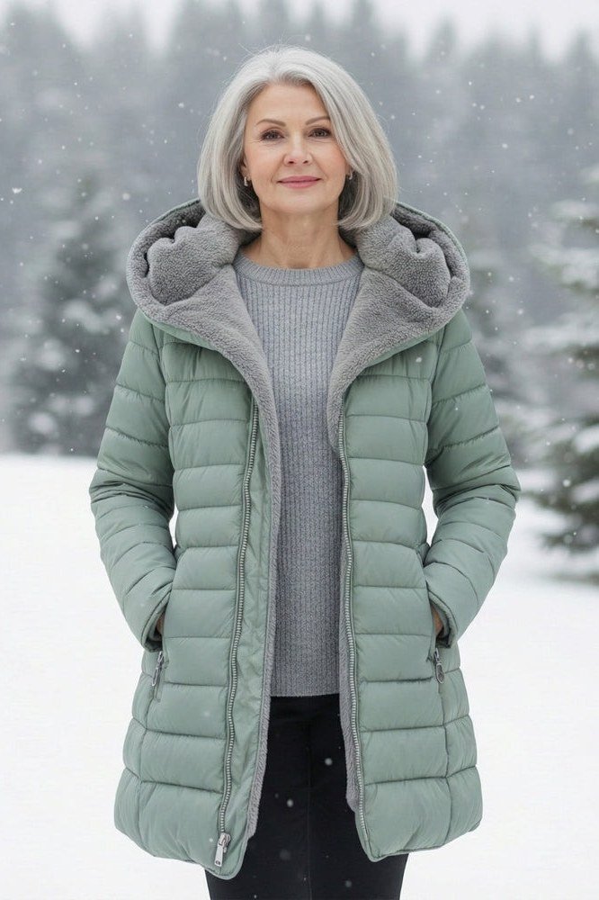 Sage green quilted coat outfit for women over 60