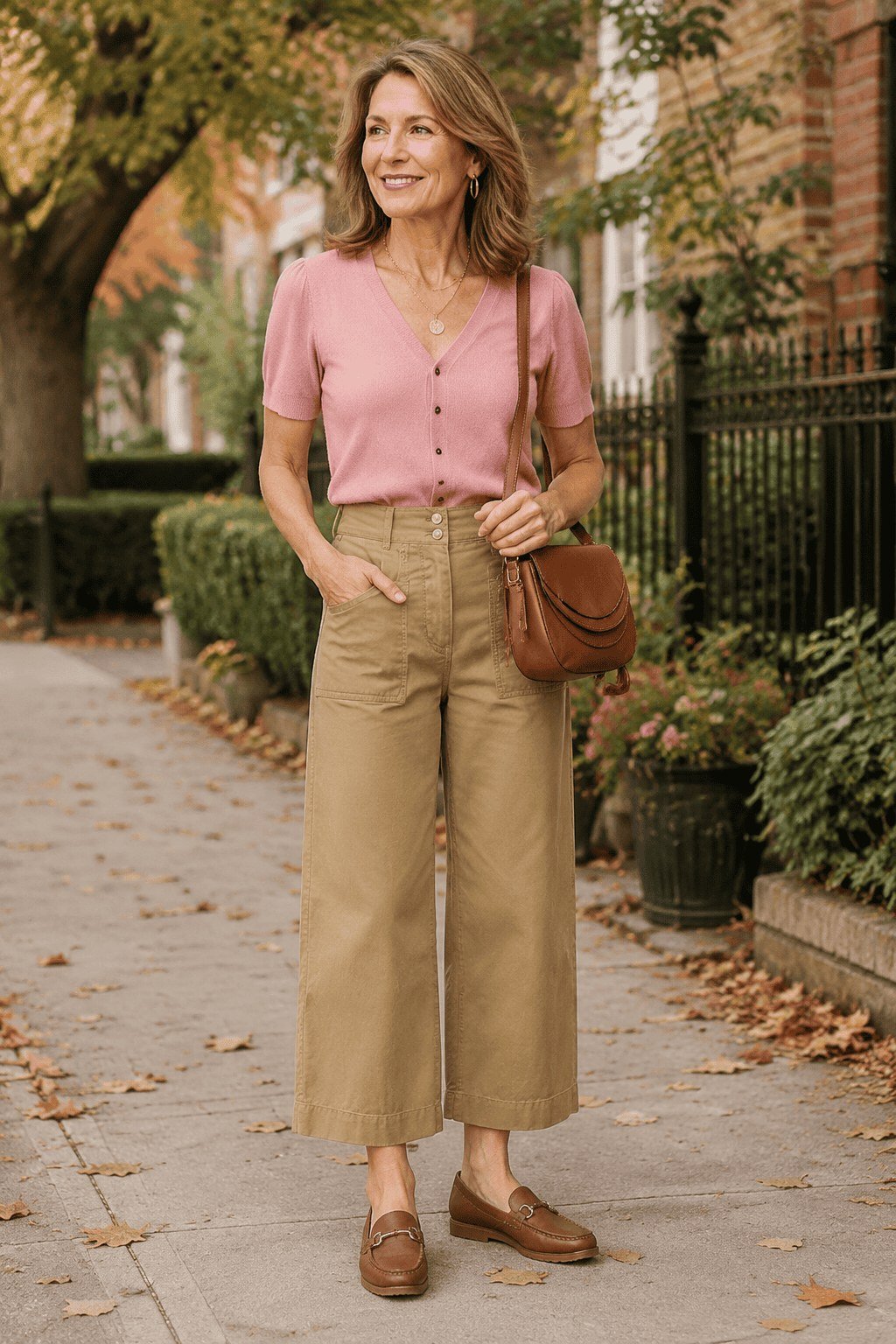 Pink V-Neck Top with Khaki Wide-Leg Trousers on a woman over 50, fall outfit idea