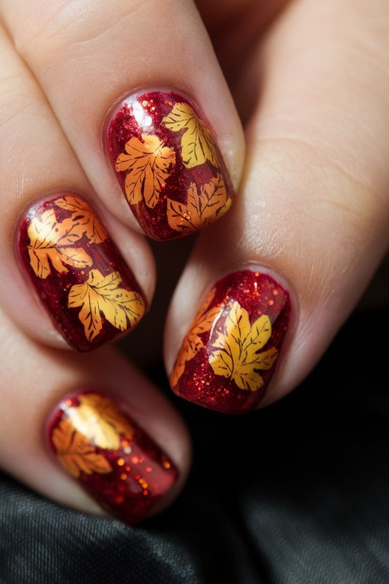 Red-orange nails with fall leaf art for older women