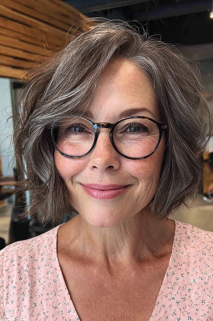 Dark Grey Bob with Bold Glasses - short wavy bob hairstyle for women over 60