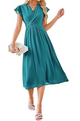 Teal gathered-waist wrap midi dress for women over 60