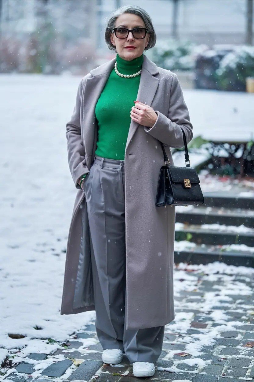Gray midi coat with a green turtleneck and gray trousers with sunglasses for women over 50 at work