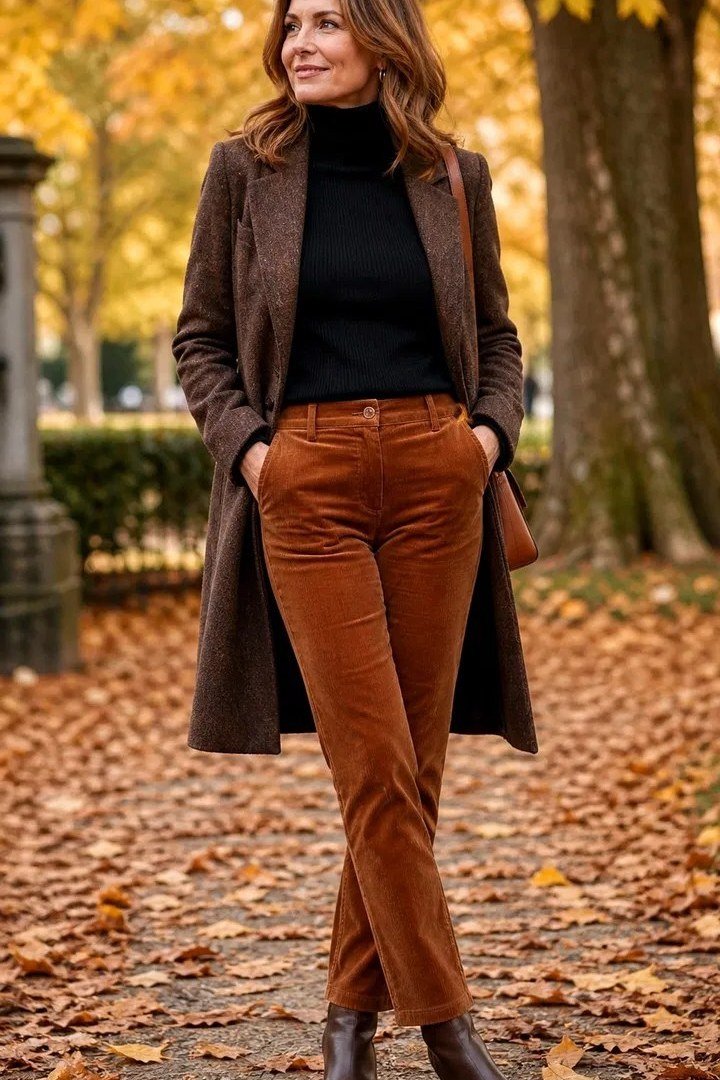 Brown Blazer with Terracotta Corduroys - fall outfit for women over 40