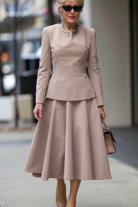 beige peplum dress with nude heels, elegant dress for women over 50