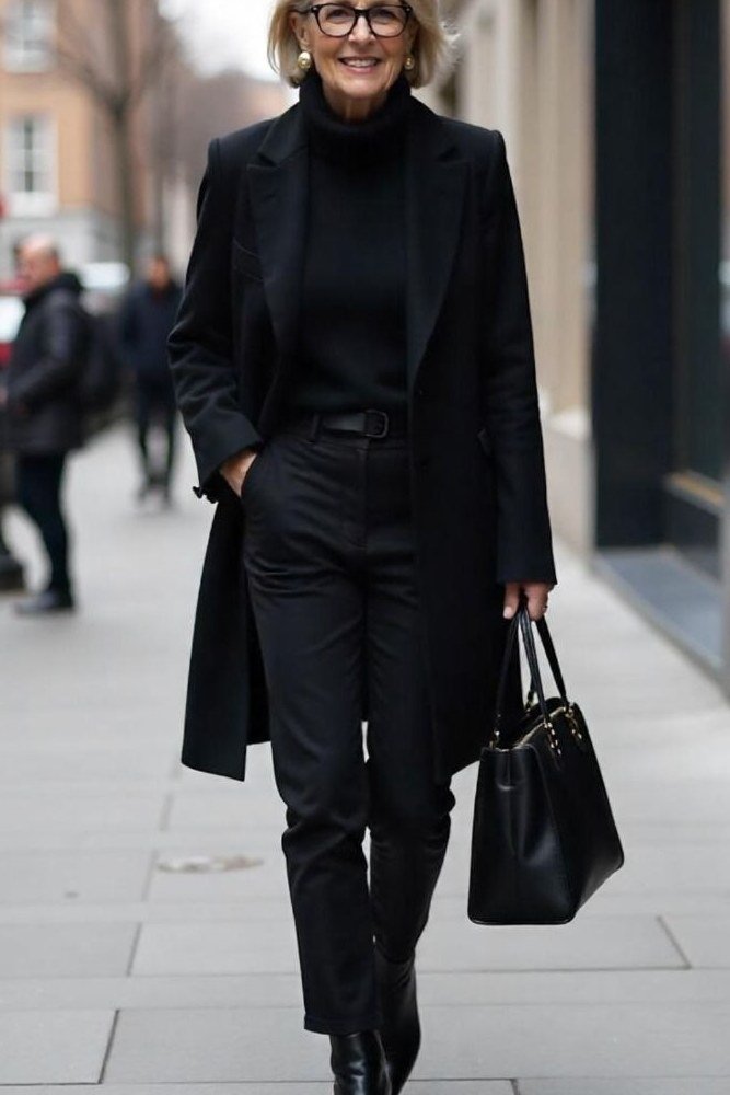 Effortlessly chic fall outfit for women over 60: all-black long coat look