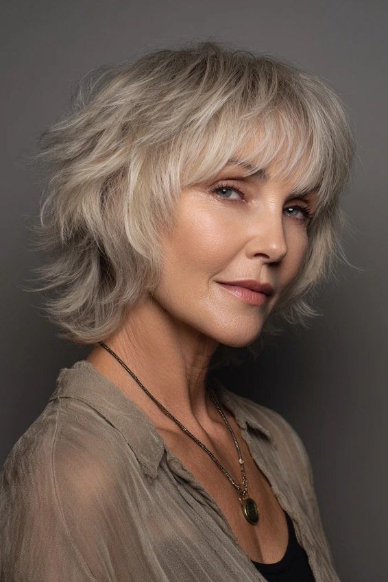 Silver layered shag haircut with lifted crown over 60