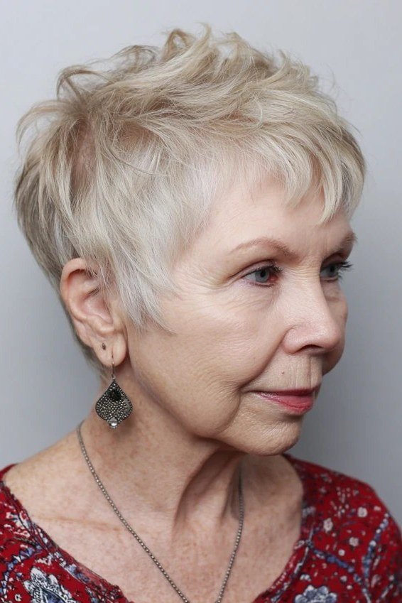 White soft pixie, three-quarter view, micro pixie cut for women over 60 going silver