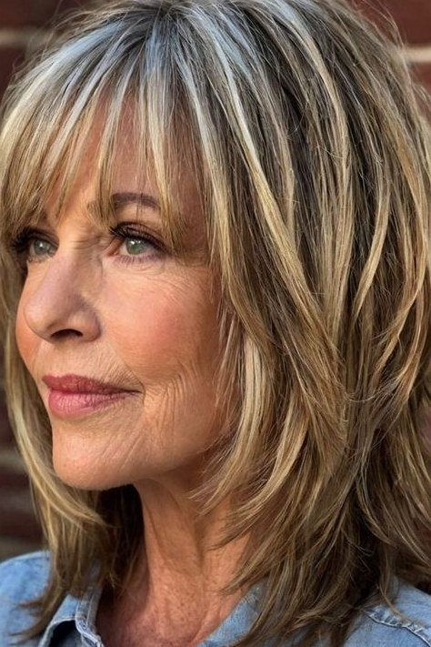 Warm brown-blonde layered medium-length hairstyle with curtain bangs, for women over 50
