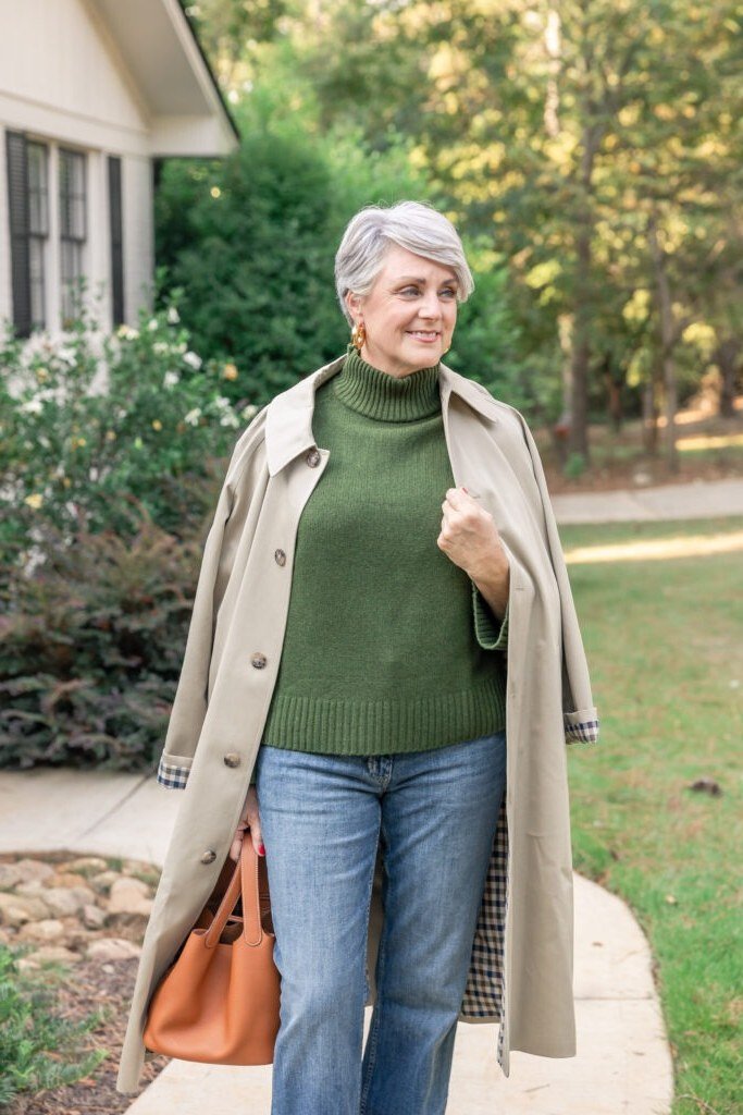 Green Sweater with a Tan Tote - fall outfit idea for women over 50