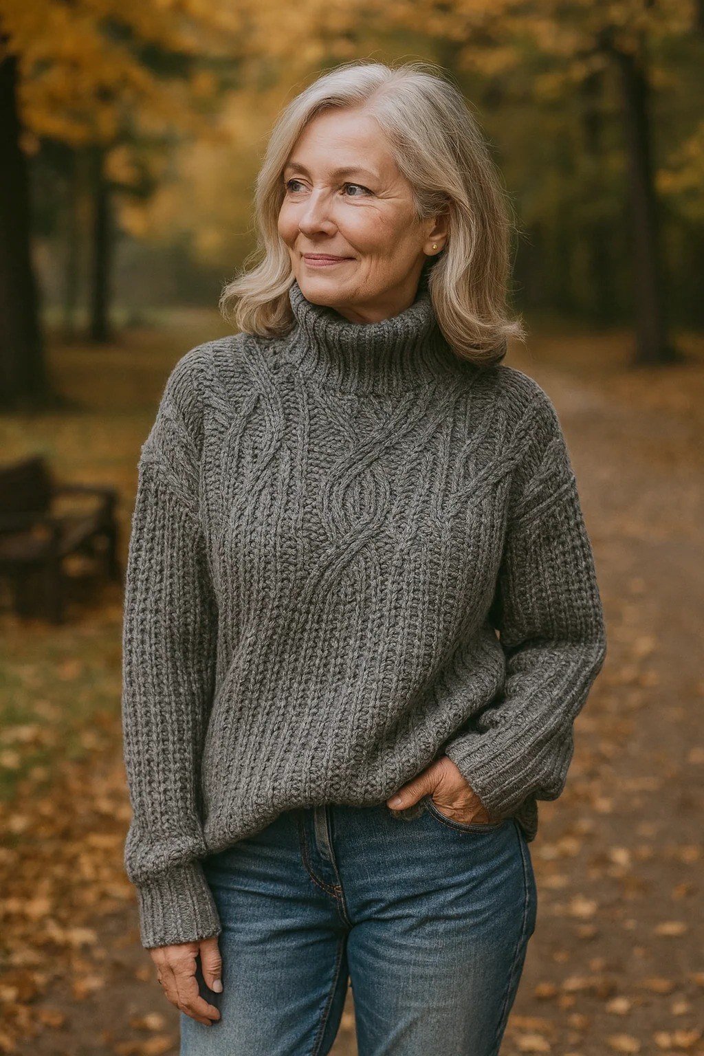 Charcoal cable-knit turtleneck sweater with blue jeans in autumn woods, cozy sweater outfit idea for women over 70