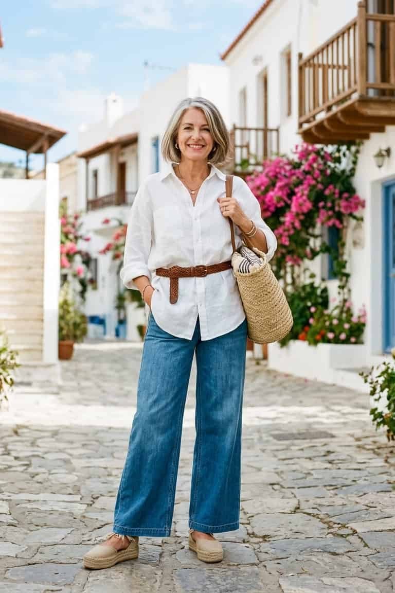 Woman over 50 wearing Crisp white shirt with wide-leg blue jeans, brown belt and straw bag on a cobblestone lane.