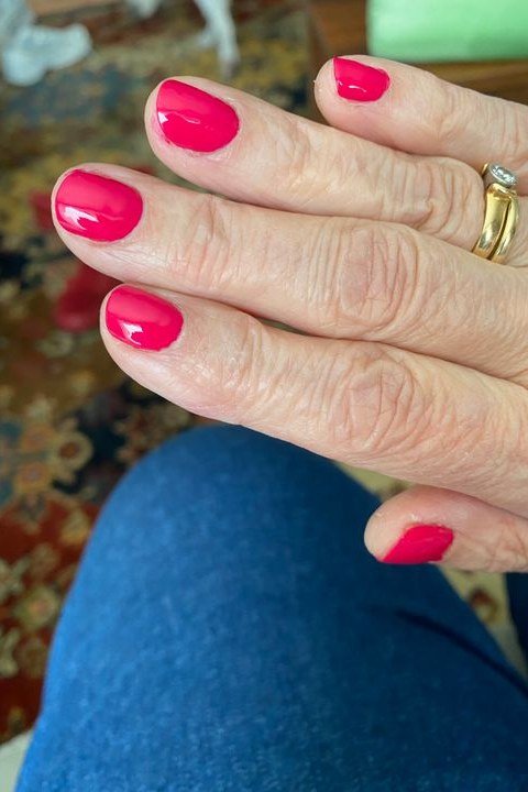 Hot Pink Nails with Gold Rings - short nail design idea for women over 50