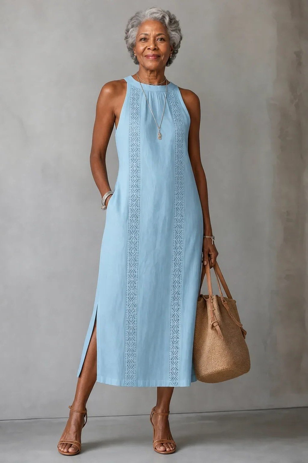 Powder Blue Sleeveless Embroidered Maxi summer outfit idea for women over 60