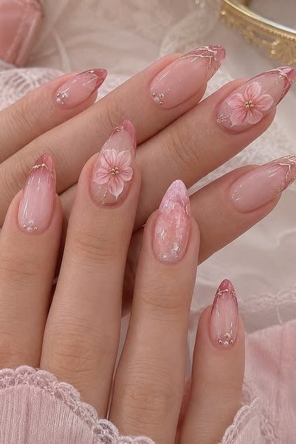 Blush nails with soft pink flower nail art