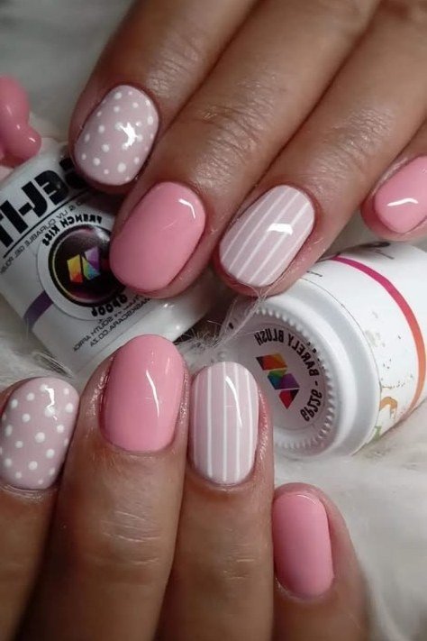 Light Pink Gel Nails with Stripe and Dot Art - short gel nail idea for women over 50