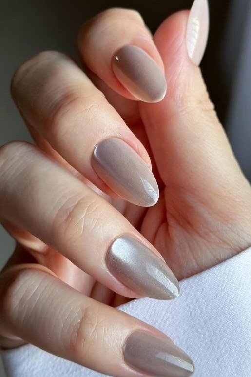 taupe cat eye velvet almond nails