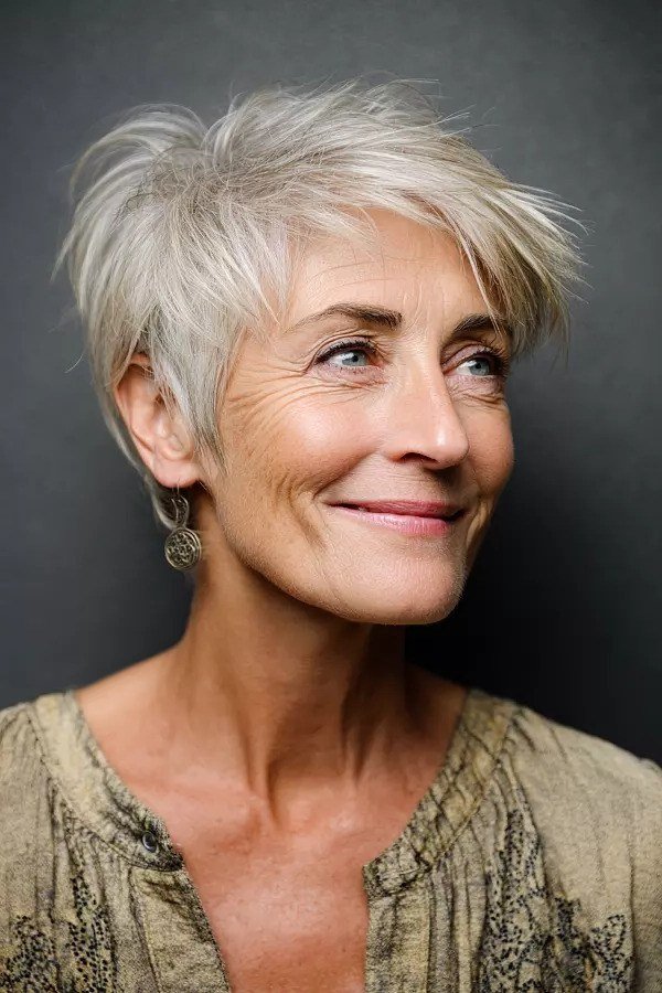 Platinum choppy pixie haircut for women over 60