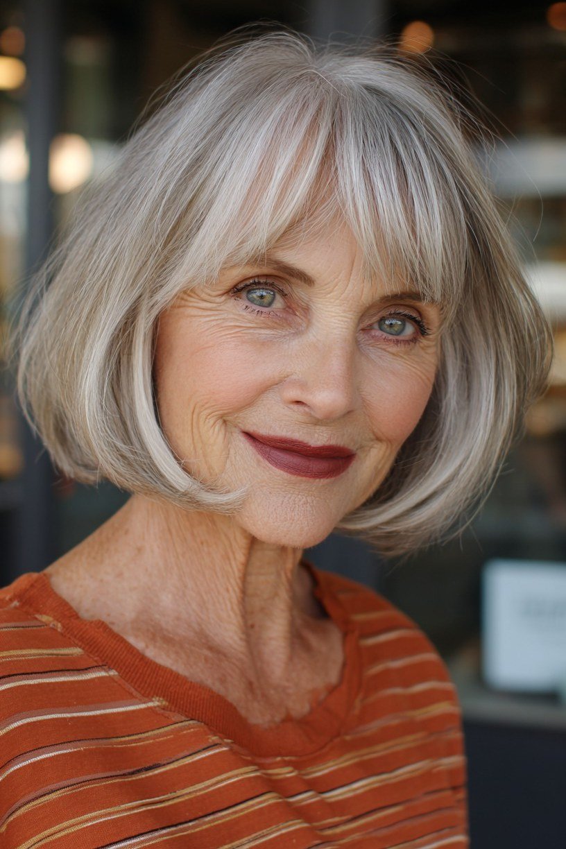 White french bob with straight fringe and orange striped top