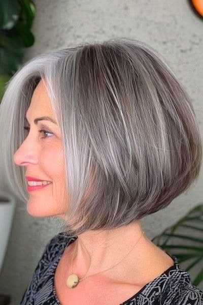 Stacked Grey Bob - grey hairstyle for women over 60