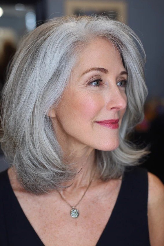 Long Silver Bob - grey shoulder length hairstyle for women over 60