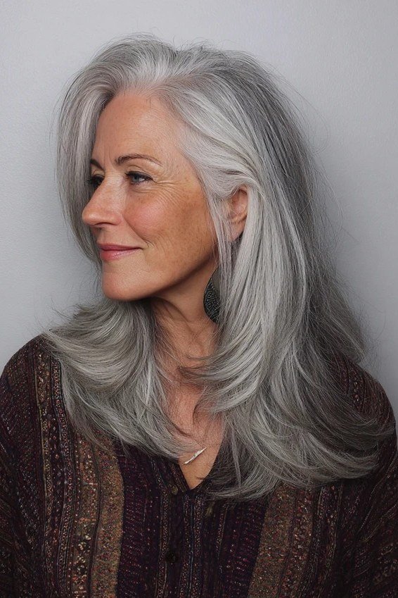 grey long straight hairstyle, side view for women over 50