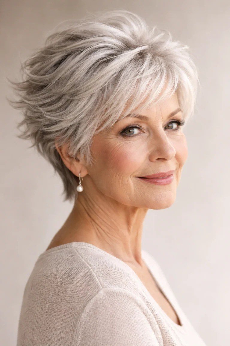 Silver layered pixie, feathered volume, front view for women over 60