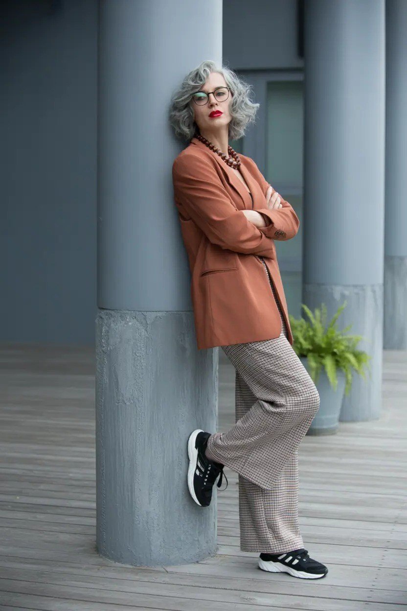 rust blazer checked pants sneakers casual fall outfit over 50