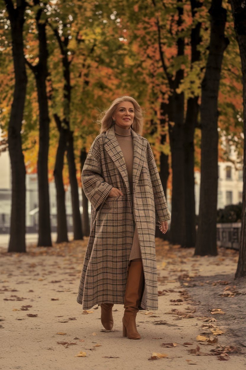 Long brown plaid coat with boots fall outfit idea for women over 60