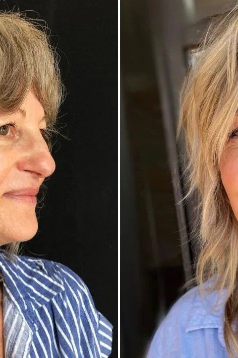White medium layered haircut for women over 60, side profile view