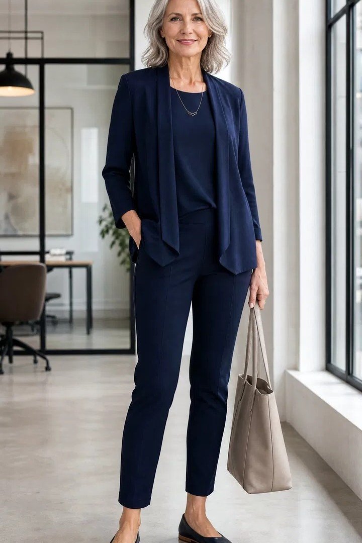 navy blazer with navy top and navy trousers for women over 50