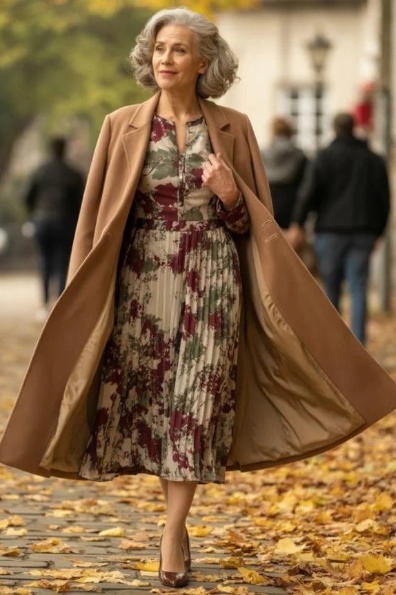 Woman over 50 in camel coat over floral midi dress among autumn leaves