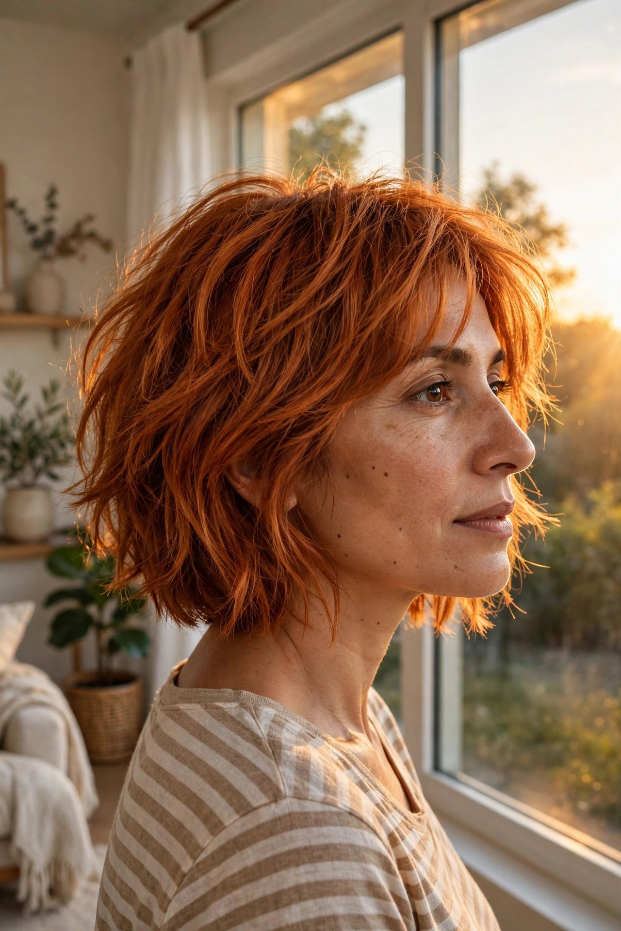 Copper shaggy bob with choppy ends