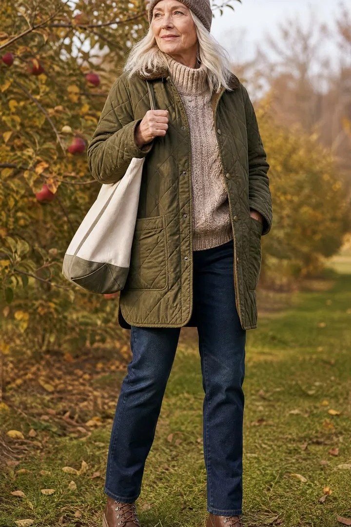 Woman over 60 wearing green quilted jacket, cream sweater, dark jeans, brown boots