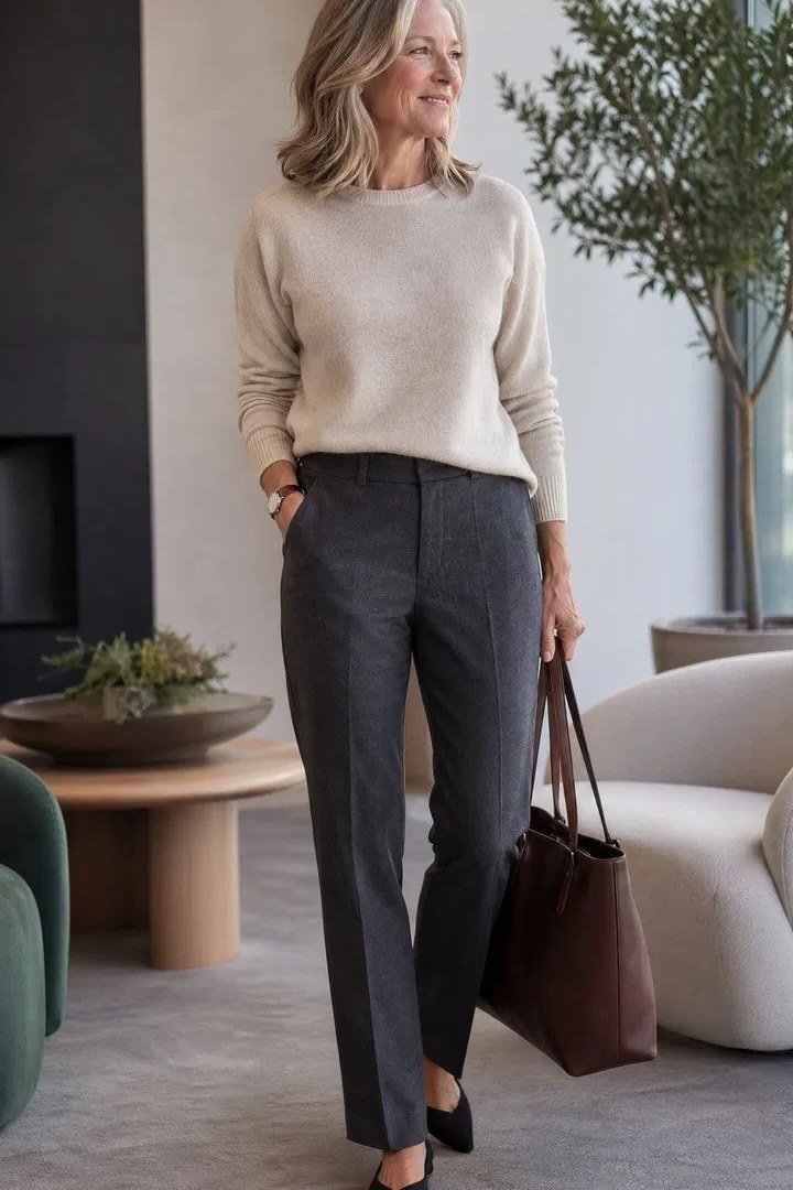 Cream sweater charcoal trousers, blonde woman in modern interior - business casual work outfit for women over 50