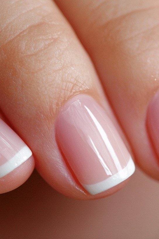 short oval, clean white french, close-up fingers , for women over 60