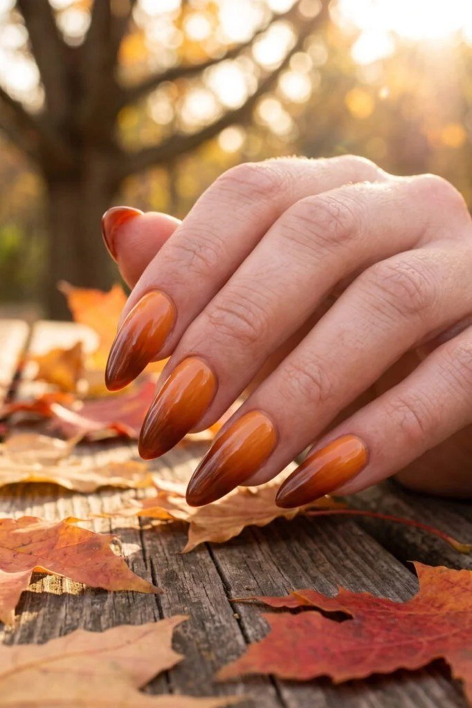 Rust orange ombre nails with autumn leaves, fall nail design for older women