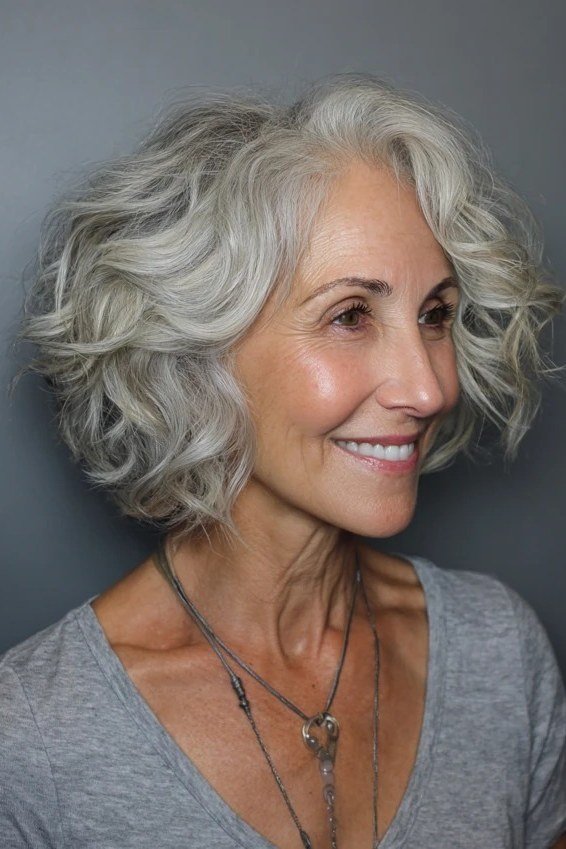 Silver Curly Bob with a Smile - curly bob hairstyle for women over 50