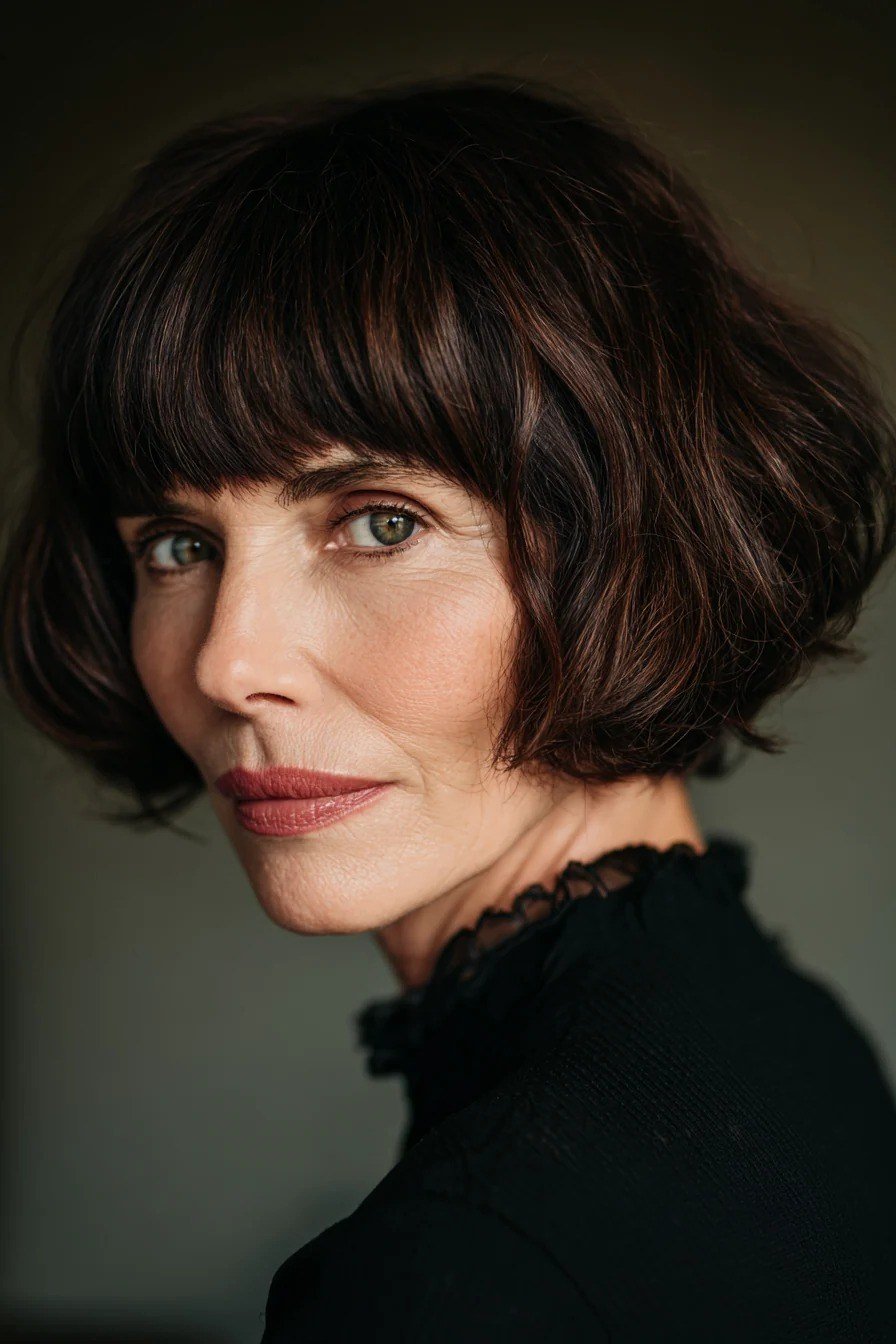 Dark Chocolate Bob with Polished Bangs, chic bob haircut for women over 50