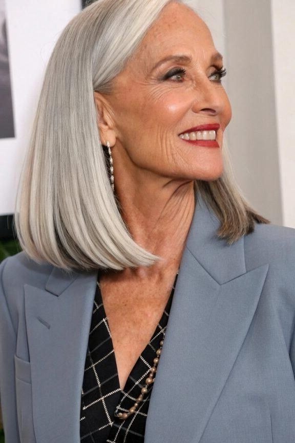 classic silver bob with bangs, front view, medium length hairstyle for women over 60