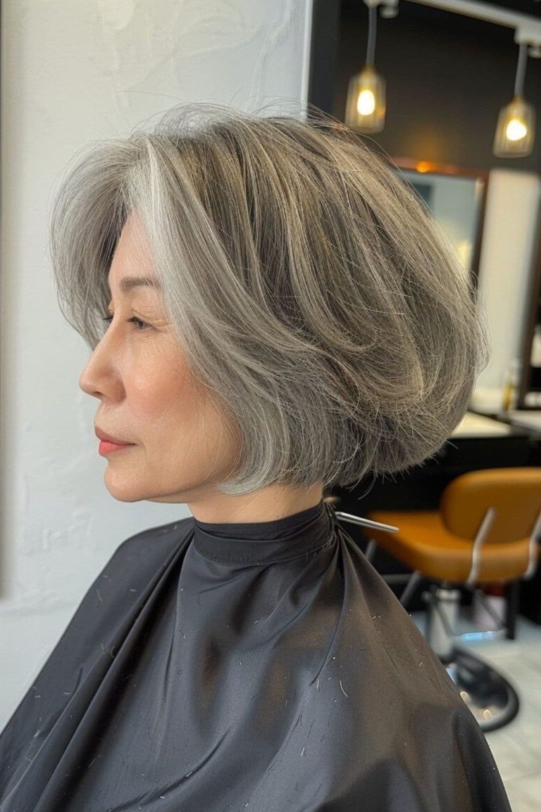 Choppy bob hairstyle for women over 60: silver wavy choppy bob smiling front