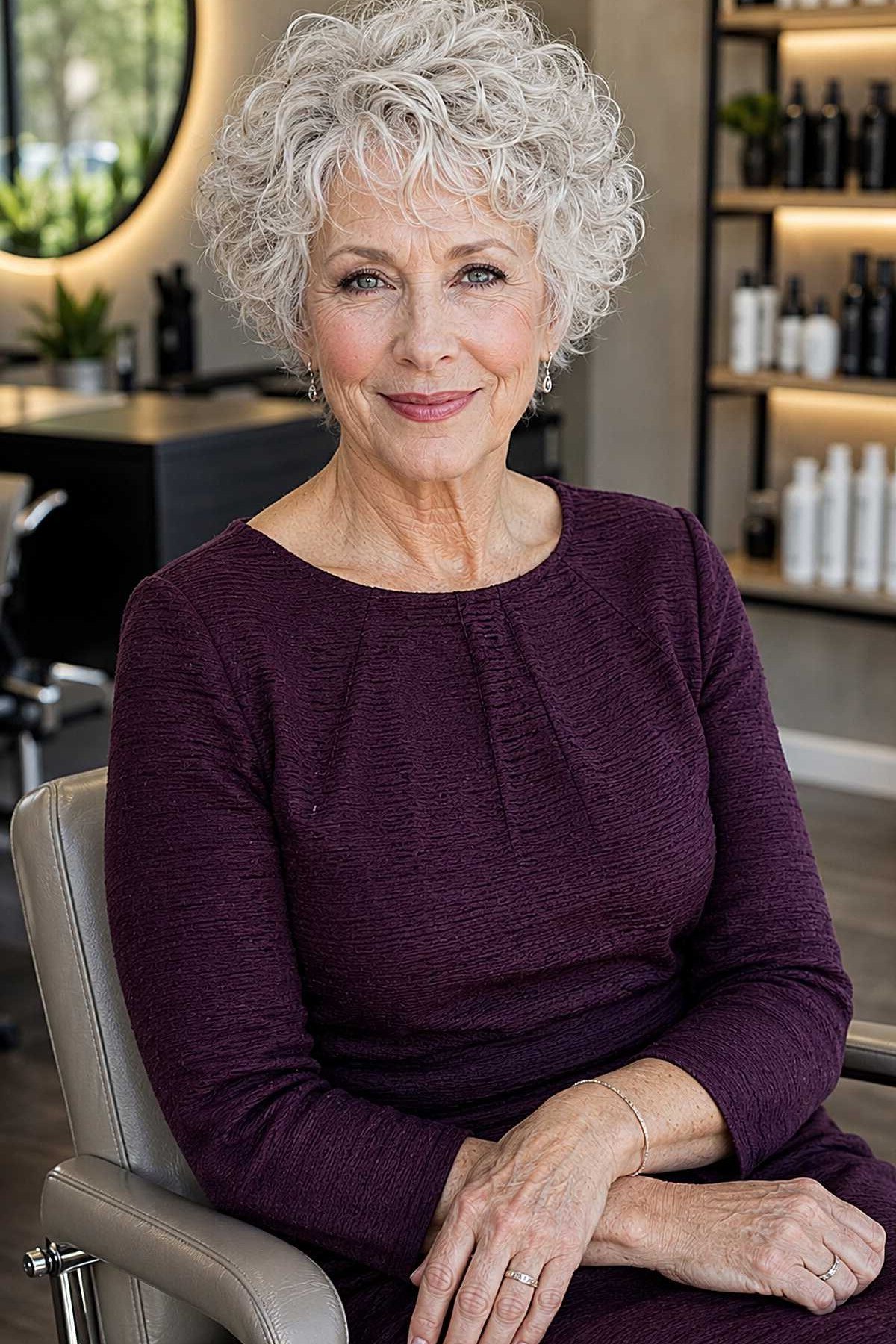 Salon fresh white curly bob for women over 50