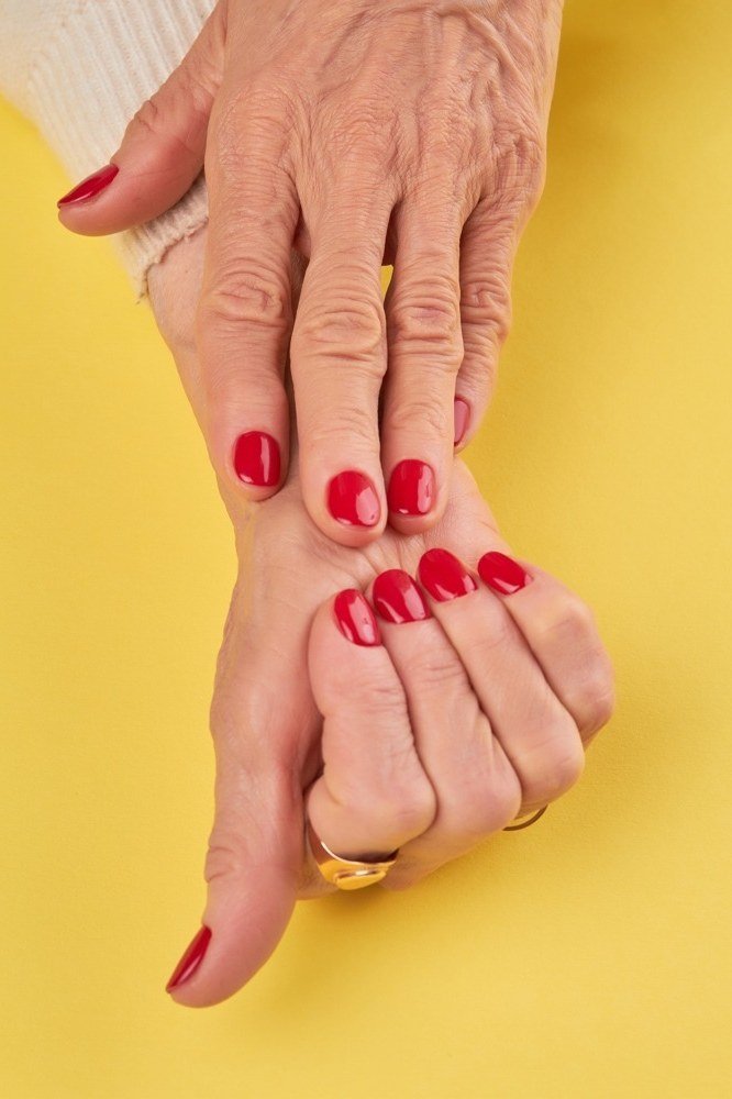 Bright Red Against Sunny Yellow - short nail design for women over 40