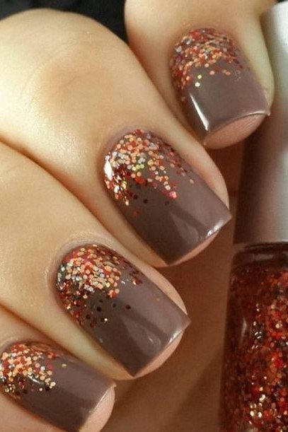 Chocolate brown with copper glitter gradient tips short, elegant fall nail design for women over 40