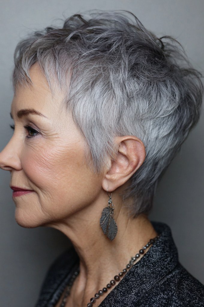 Voluminous gray pixie haircut for women over 70, side view
